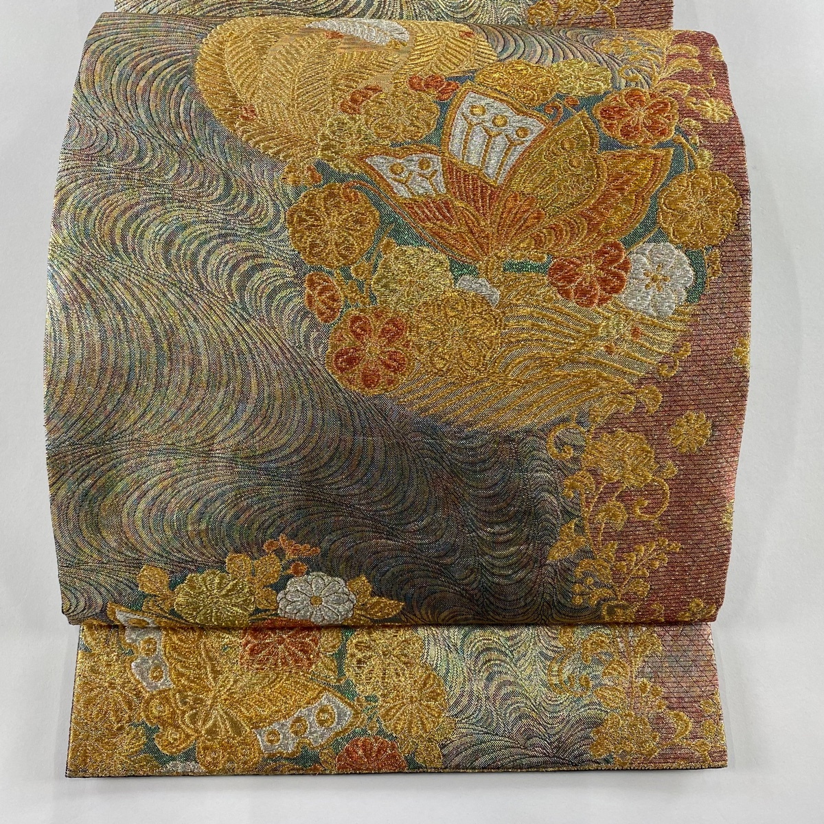 袋帯 秀品 振袖向き 蝶 花丸文 金銀糸 箔 金色 六通 正絹 【中古】拍卖