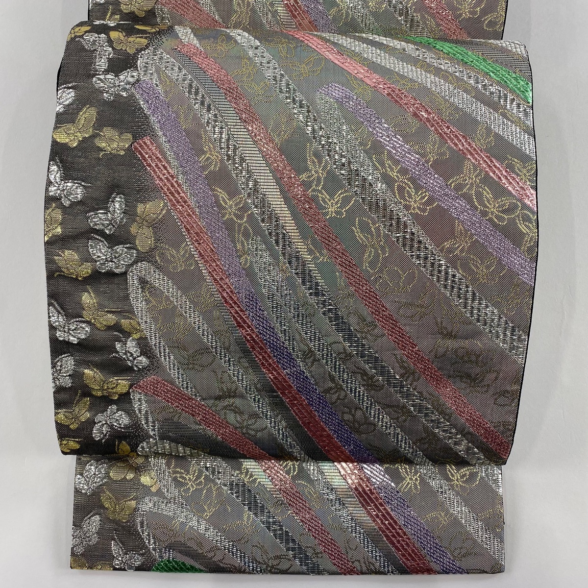 【美品】 袋帯 秀品 蝶 蔓帯 箔 銀色 六通 正絹 【中古】拍卖
