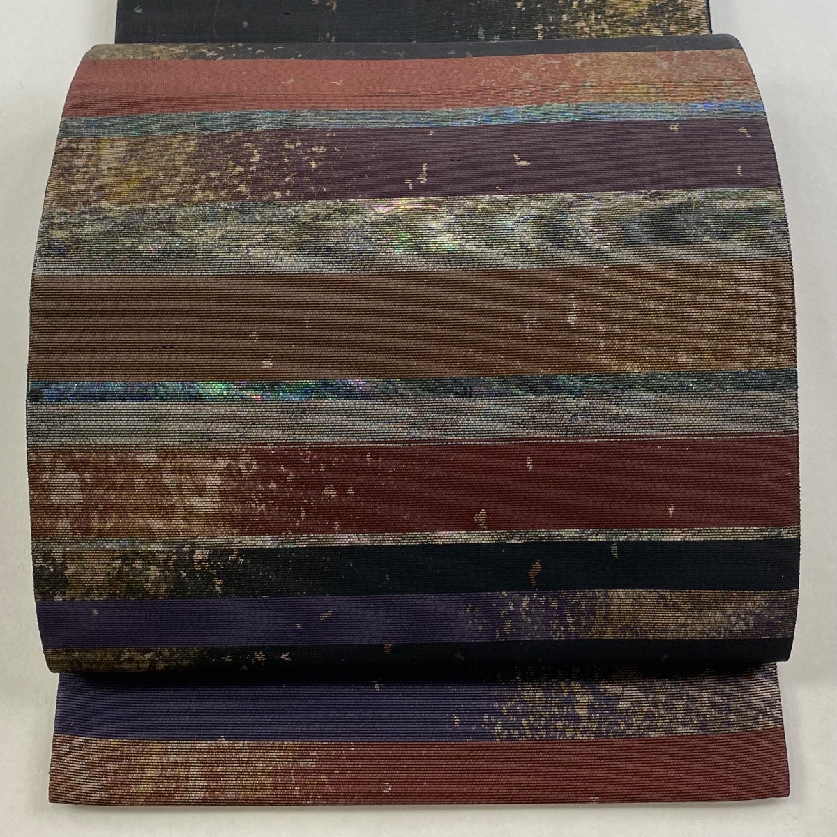 【美品】 袋帯 秀品 縞 幾何学 螺鈿 箔 紫 お太鼓柄 正絹 【中古】拍卖
