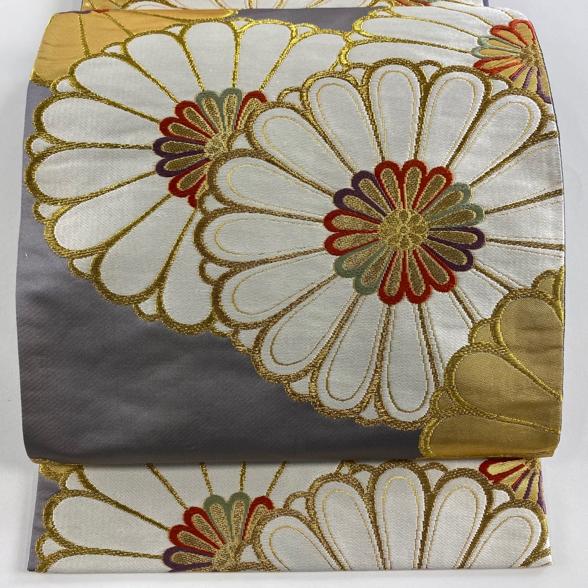 【美品】 袋帯 秀品 菊 金糸 箔 灰色 六通 正絹 【中古】拍卖