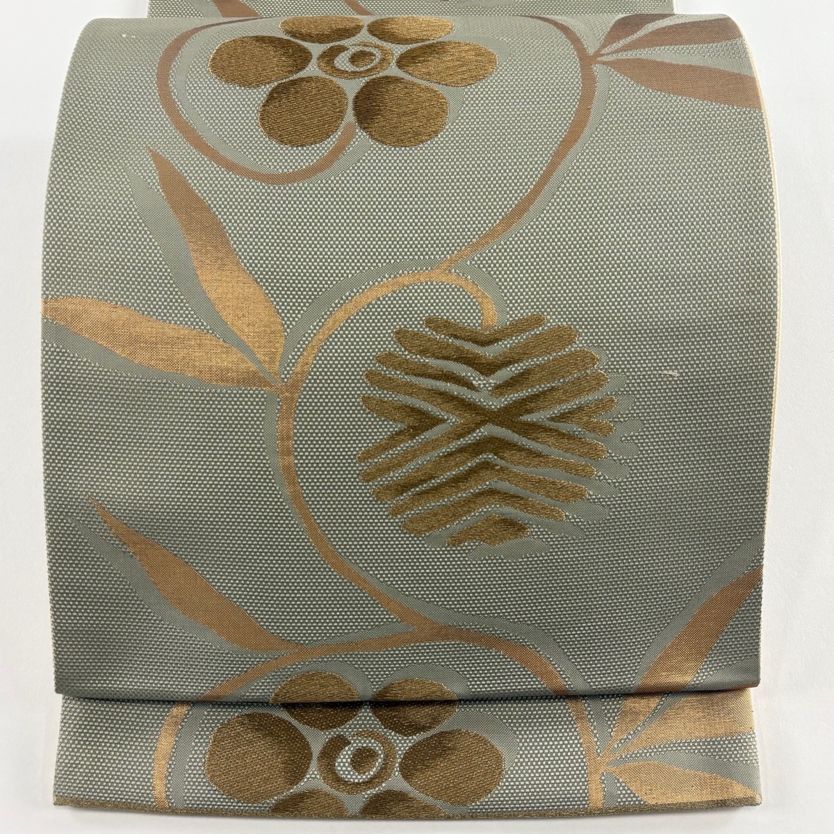 袋帯 秀品 関西仕立て 笹蔓文 金糸 箔 灰緑 六通 正絹 【中古】拍卖