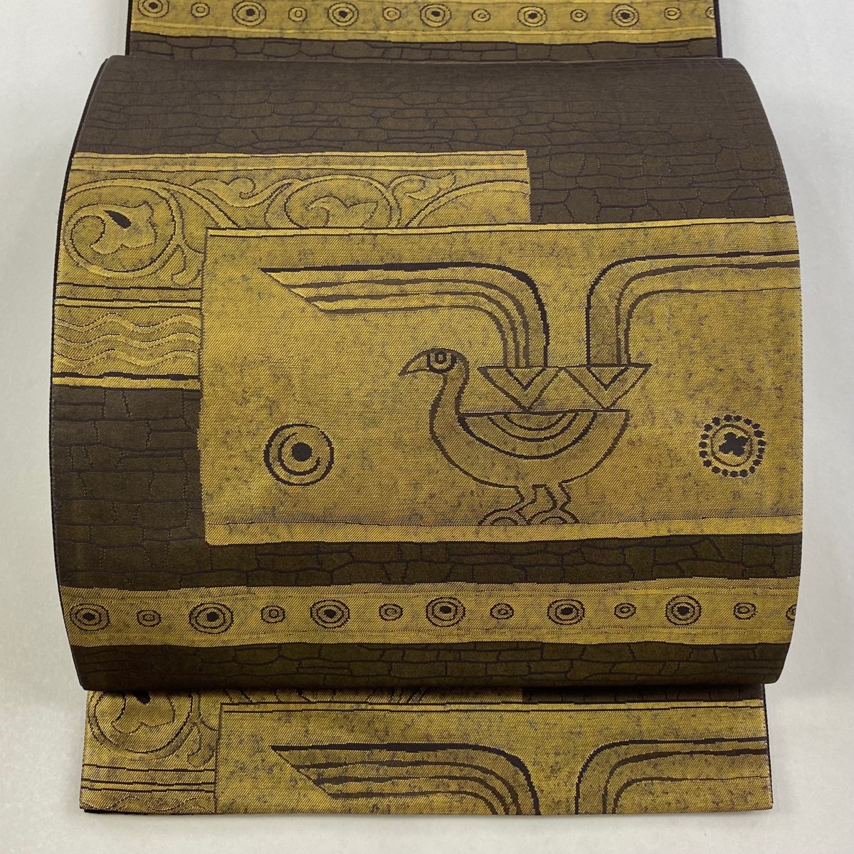 袋帯 秀品 落款 重兵衛 京都西陣 鳥 花唐草 箔 焦茶色 六通 正絹 【中古】拍卖