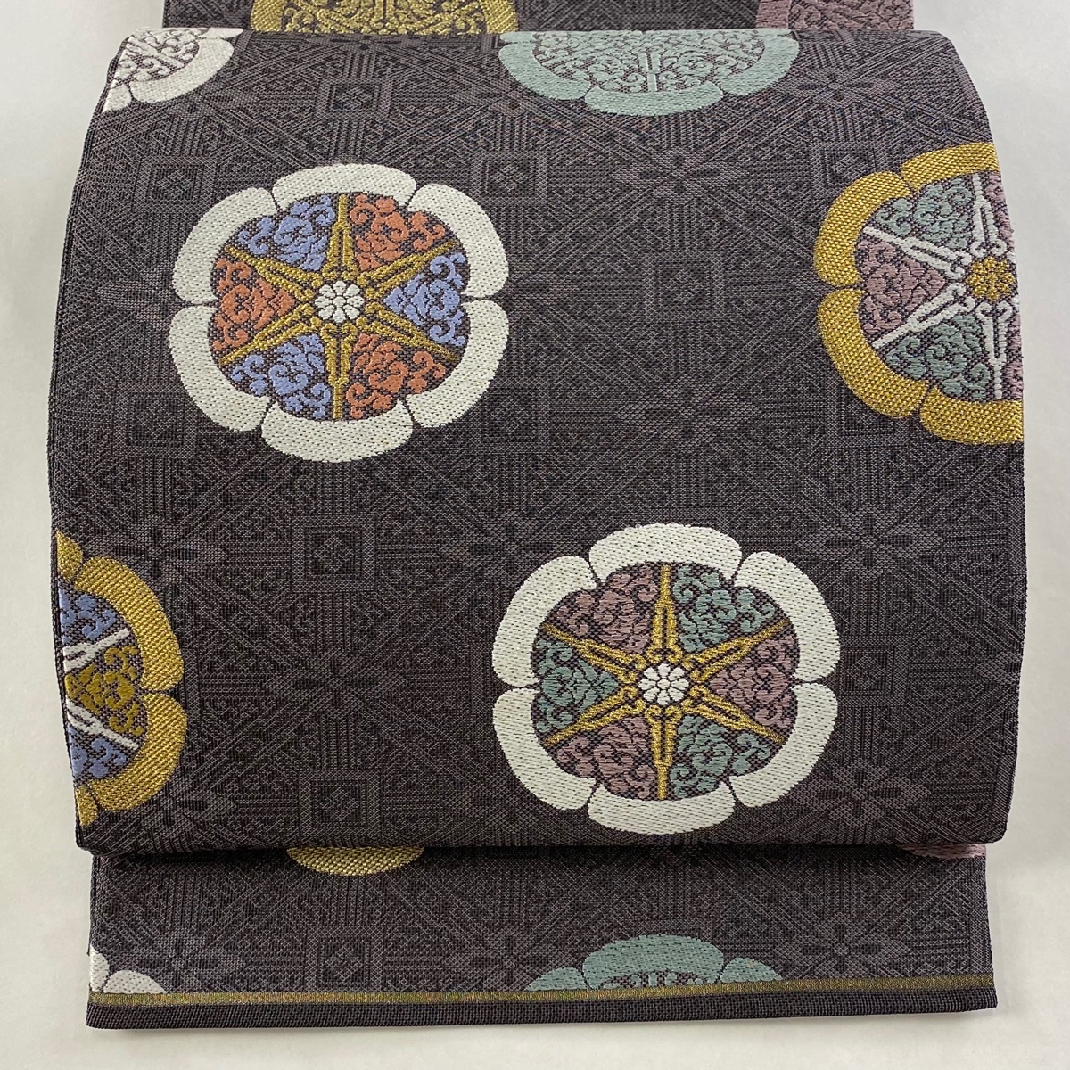 【美品】 袋帯 秀品 関西仕立て 花 幾何学模様 金糸 灰紫 六通 正絹 【中古】拍卖