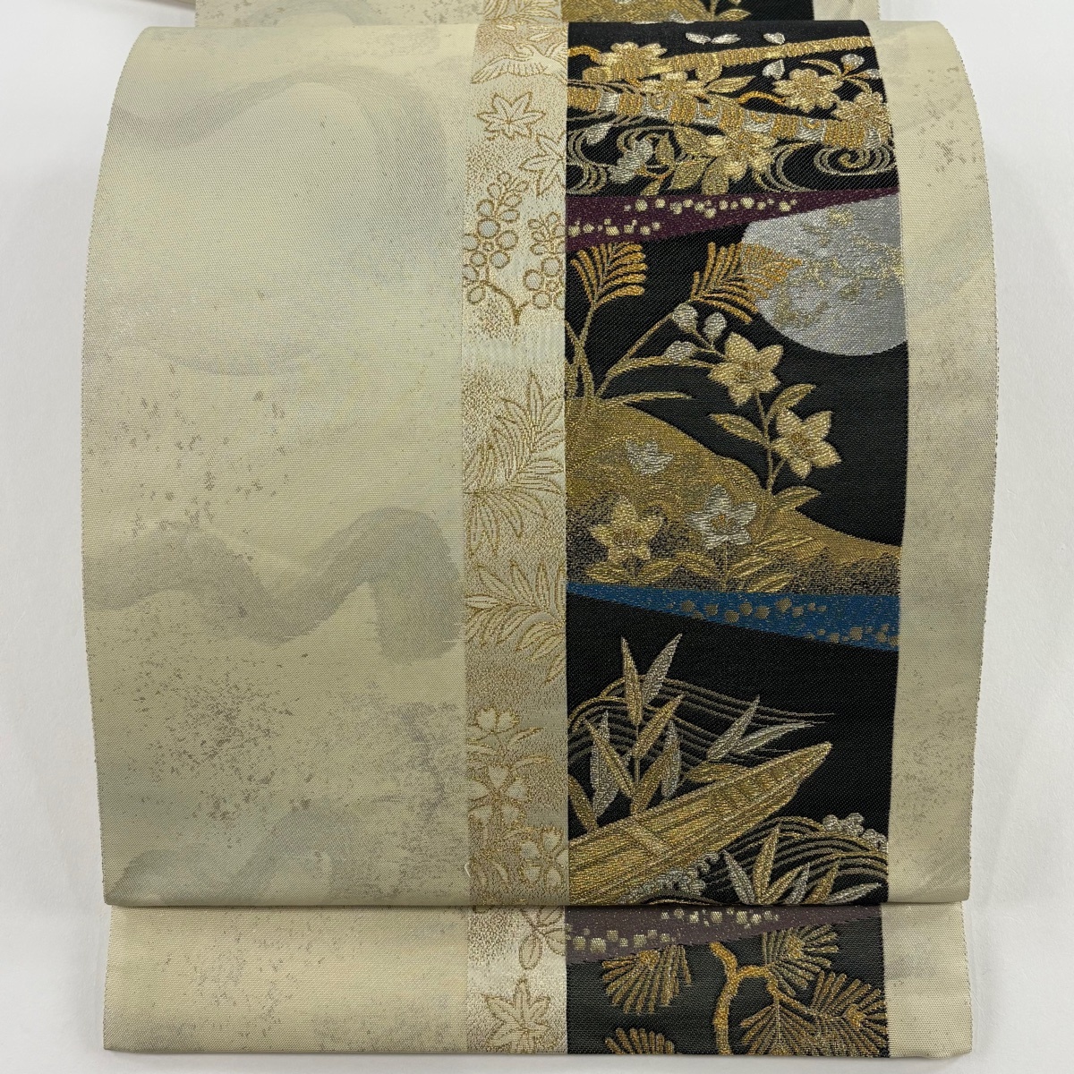 袋帯 秀品 桜 桔梗 金銀糸 箔 ベージュ 六通 正絹 【中古】拍卖