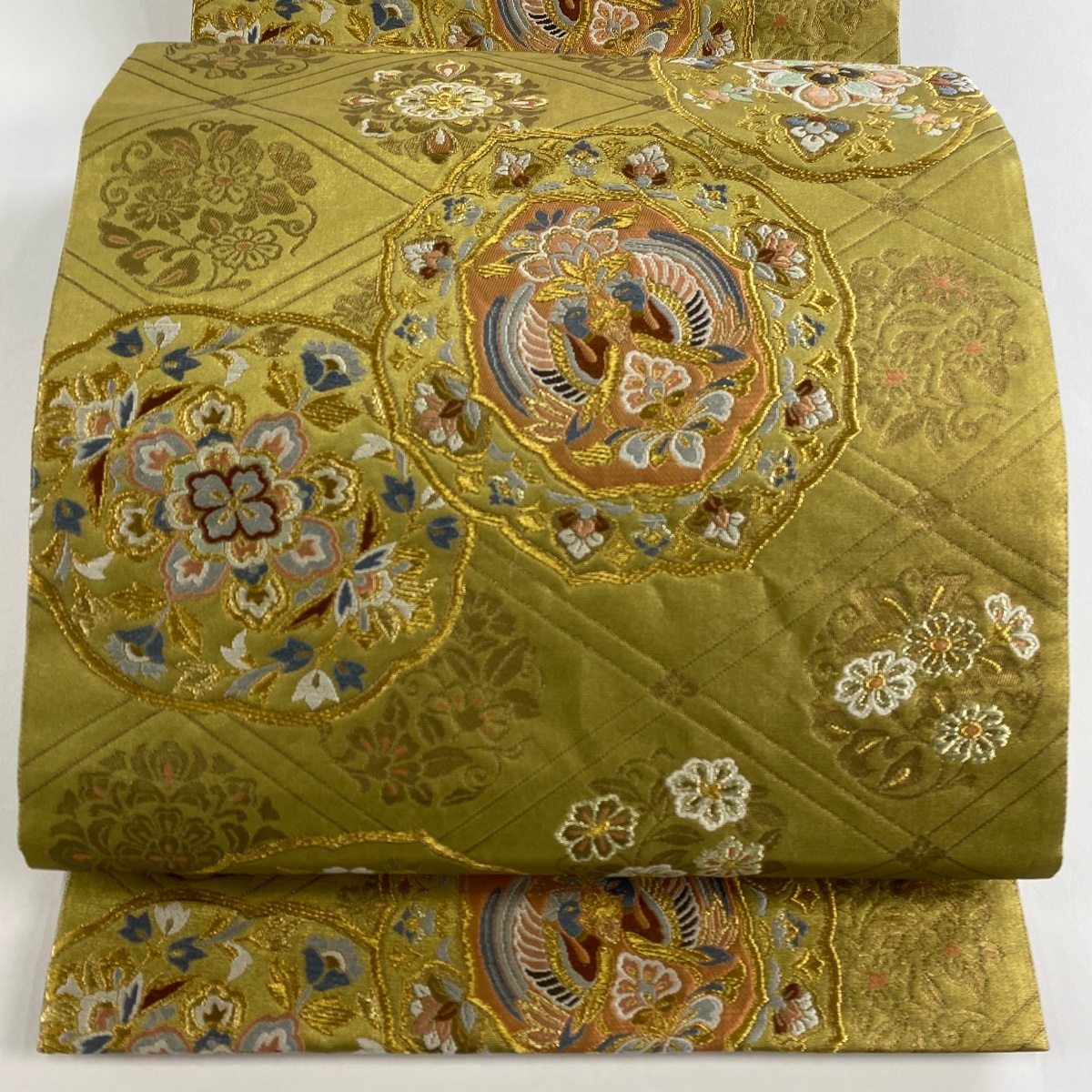 袋帯 秀品 明藤浪漫 伝統工芸織 向かい鳥 華文 唐織 金糸 茶緑色 六通 正絹 【中古】拍卖