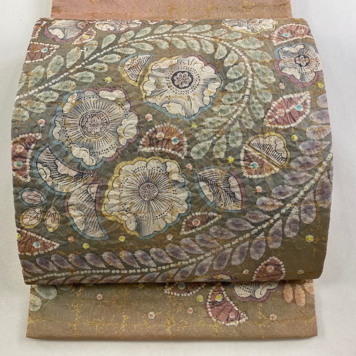 【美品】 袋帯 秀品 辻ヶ花 箔 ピンクベージュ お太鼓柄 正絹 【中古】拍卖