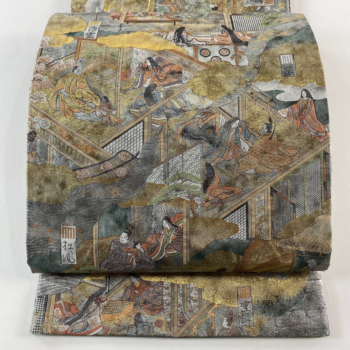 【美品】 袋帯 名品 御所風景 雲文 箔 灰色 全通 正絹 【中古】拍卖