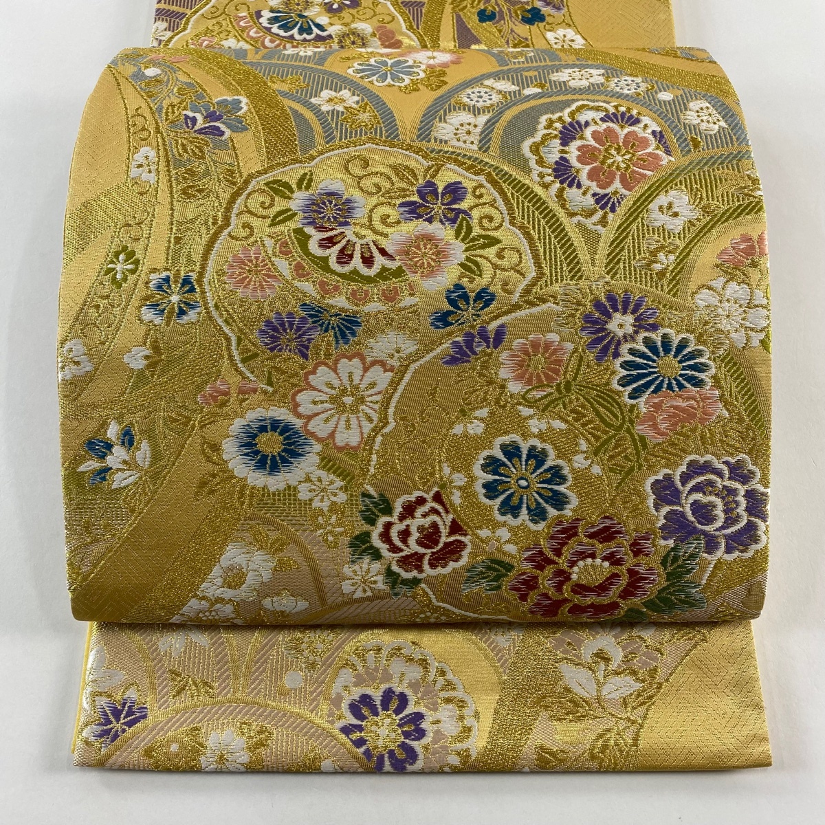 袋帯 名品 鼓 草花 金糸 箔 薄黄土色 六通 正絹 【中古】拍卖