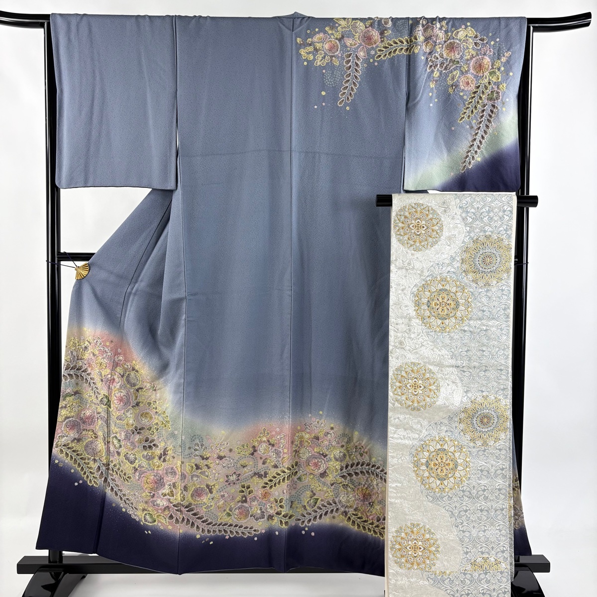 訪問着 身丈158cm 裄丈66cm M 袷 袋帯セット 辻が花 染め分け ぼかし 青灰色 正絹 秀品 【中古】拍卖