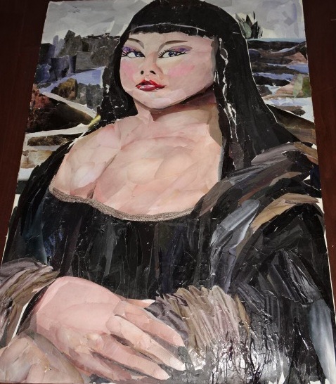 ■【渡辺直美風のモナ・リザ?/ガラモン風のモナ・リザ?】段ボール紙1枚2作品・両面リバーシブル貼り絵アート・額装無(真作・自作品)拍卖