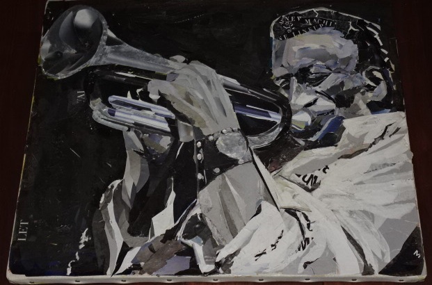 ■【あるトランペット奏者】貼り絵アート(collage art)(ラーメンの蓋やチラシ等使用)(キャンバスF8号)・額装無(真作)送料無料拍卖