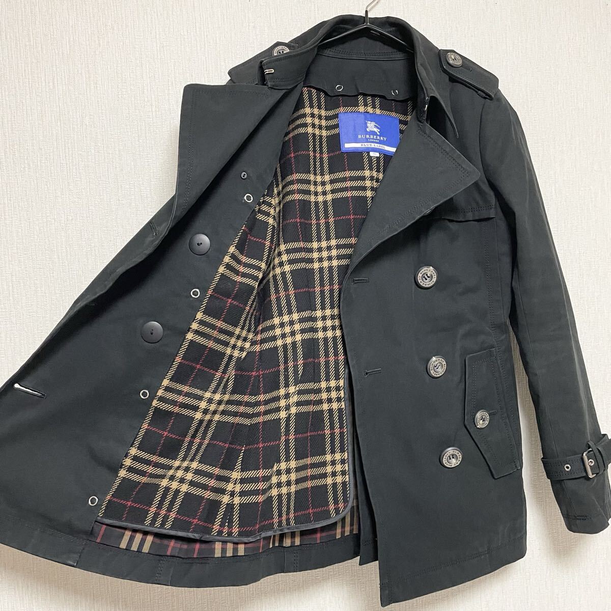 即決☆BURBERRY バーバリー ブルーレーベル ノバチェック ウール ライナー付き トレンチコート ロゴ ボタン コート 36 S ショート拍卖