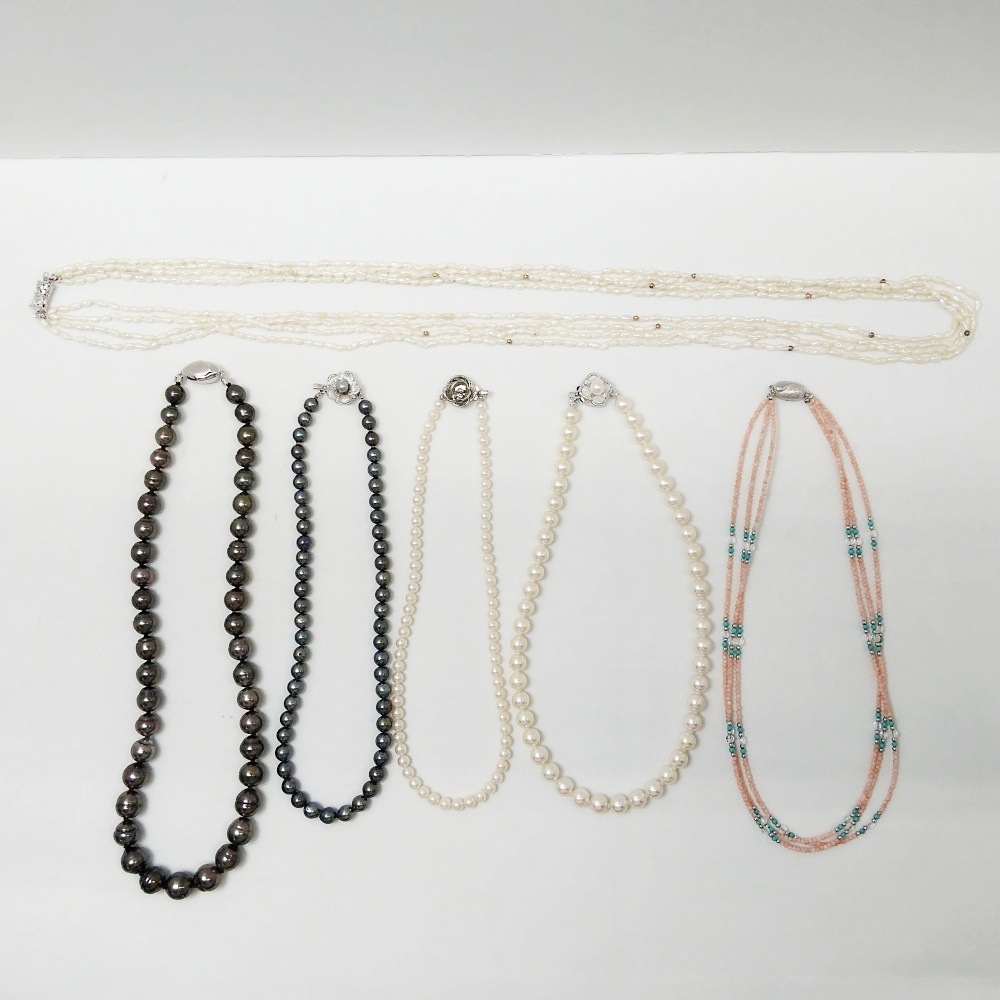 B25-2336 パール系ネックレス6点まとめ(クラスプシルバー)SV Silver Pearl 黒蝶 真珠 珊瑚 淡水 他 レディース アクセサリー拍卖