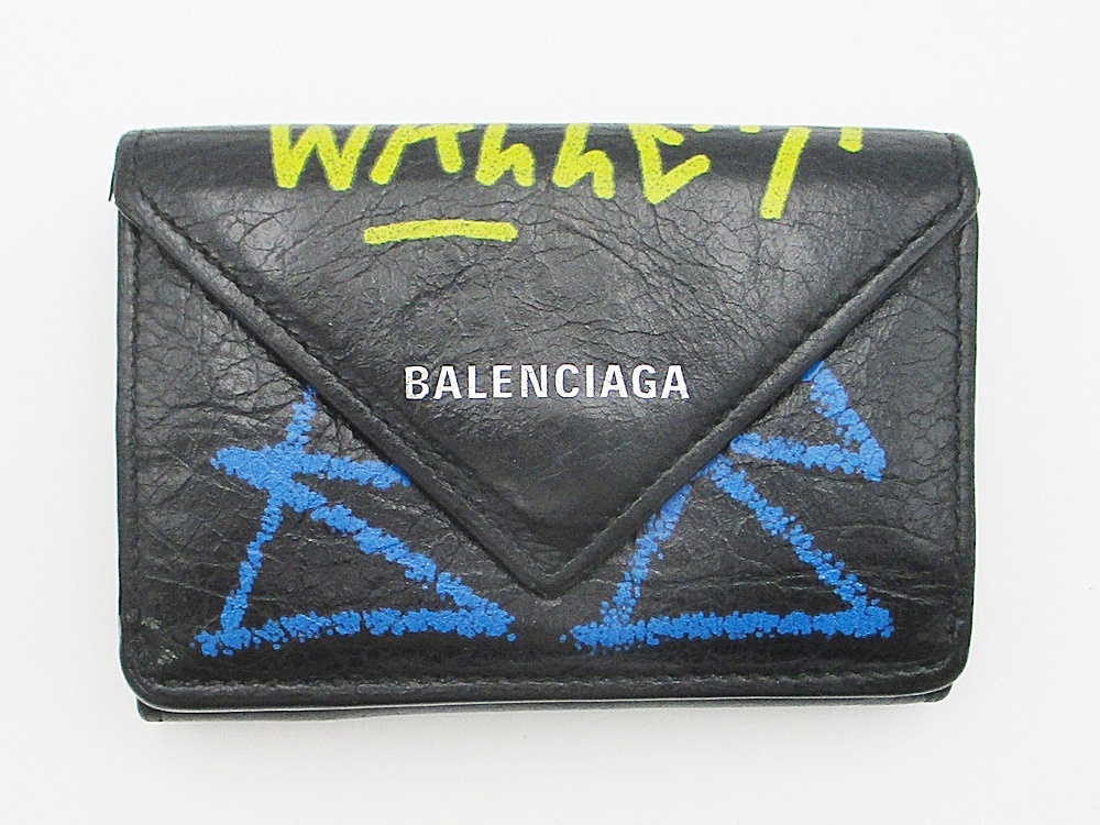 B25-2358 BALENCIAGA バレンシアガ グラフィティ ペーパーミニウォレット 三つ折り財布 コンパクト ブラック 保存袋付き ※タバコ臭あり拍卖