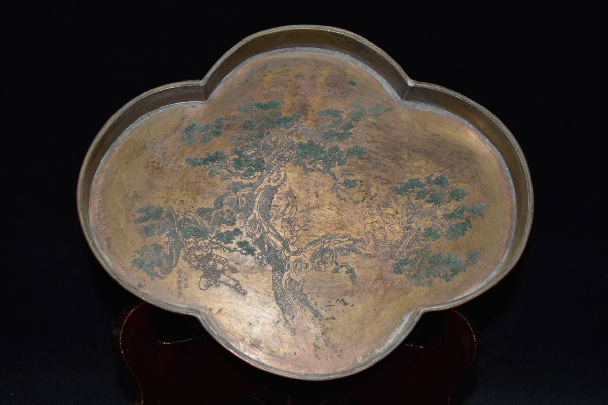 『清・銅製・松下老人紋・茶盤・置物・文房賞物』極細工 置物 古賞物 中国古玩 中国古美術拍卖