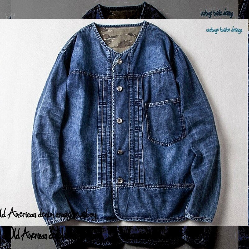 ★1円 サイズXL ノーカラー ウォッシュ ヘヴィ インディゴ デニム ライナー シャツジャケット ヴィンテージ アメカジ 大きいサイズ★693拍卖