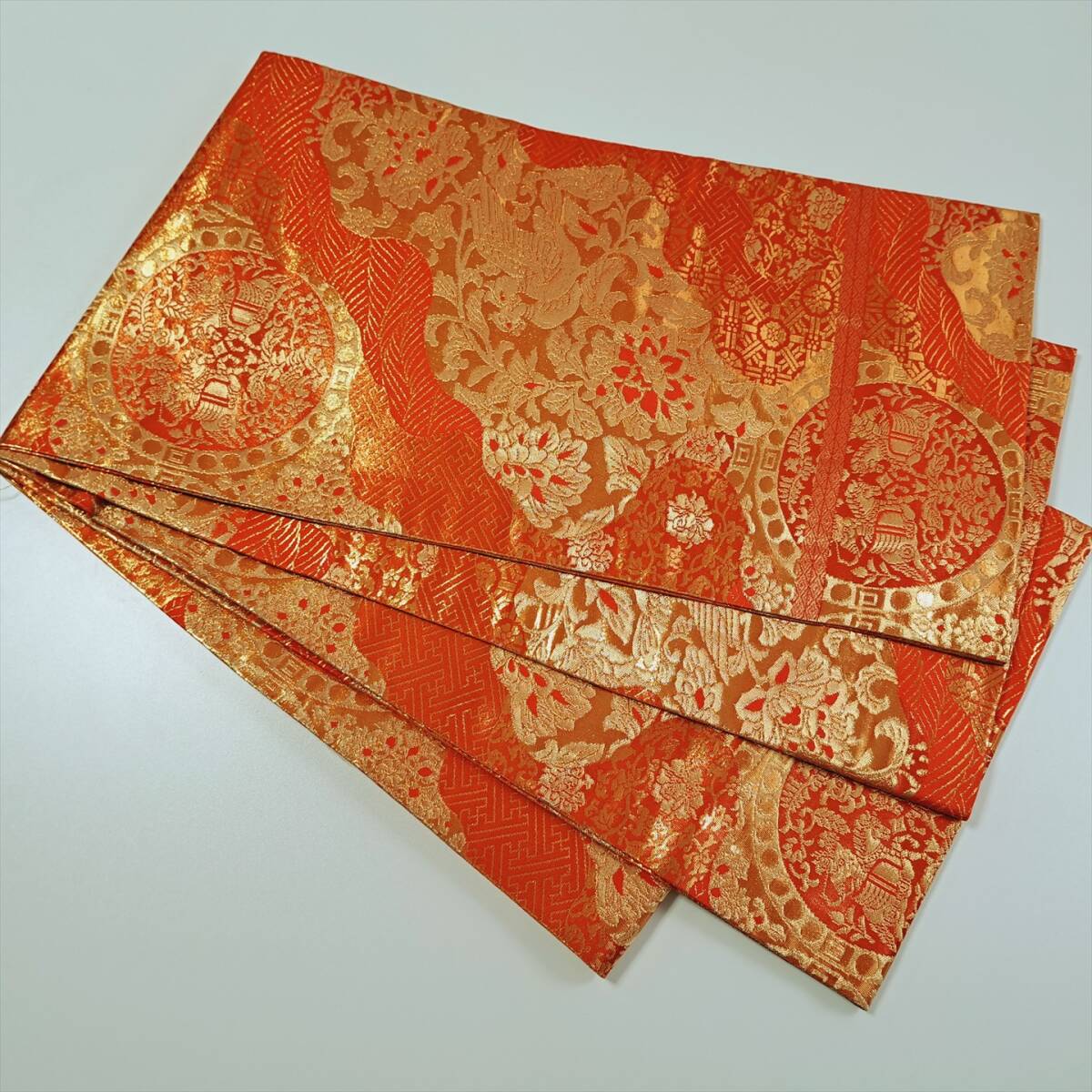 ■着物の越田■幅31.5長さ444 ※アンティ―ク※ 正絹 丸帯 西陣織 鳳凰 道長 花唐草 両面全通 金糸あり ■ま07J11拍卖