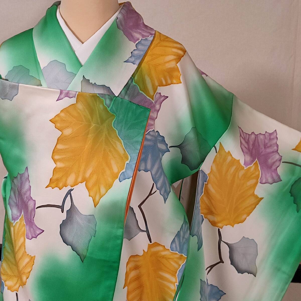 即決■着物の越田■裄65身丈162 正絹 小紋 袷 グリーン系 植物柄 D◇め06E03拍卖