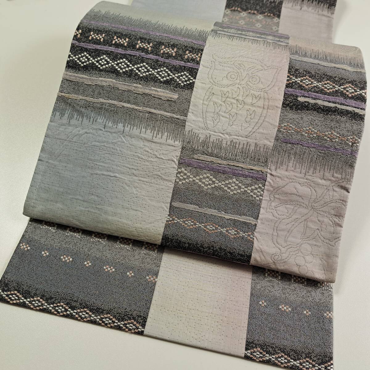 即決■着物の越田■幅31 長さ452.5 正絹 洒落袋 長さたっぷり フクロウ 兎 可愛い 市松文様 ■む30J06拍卖