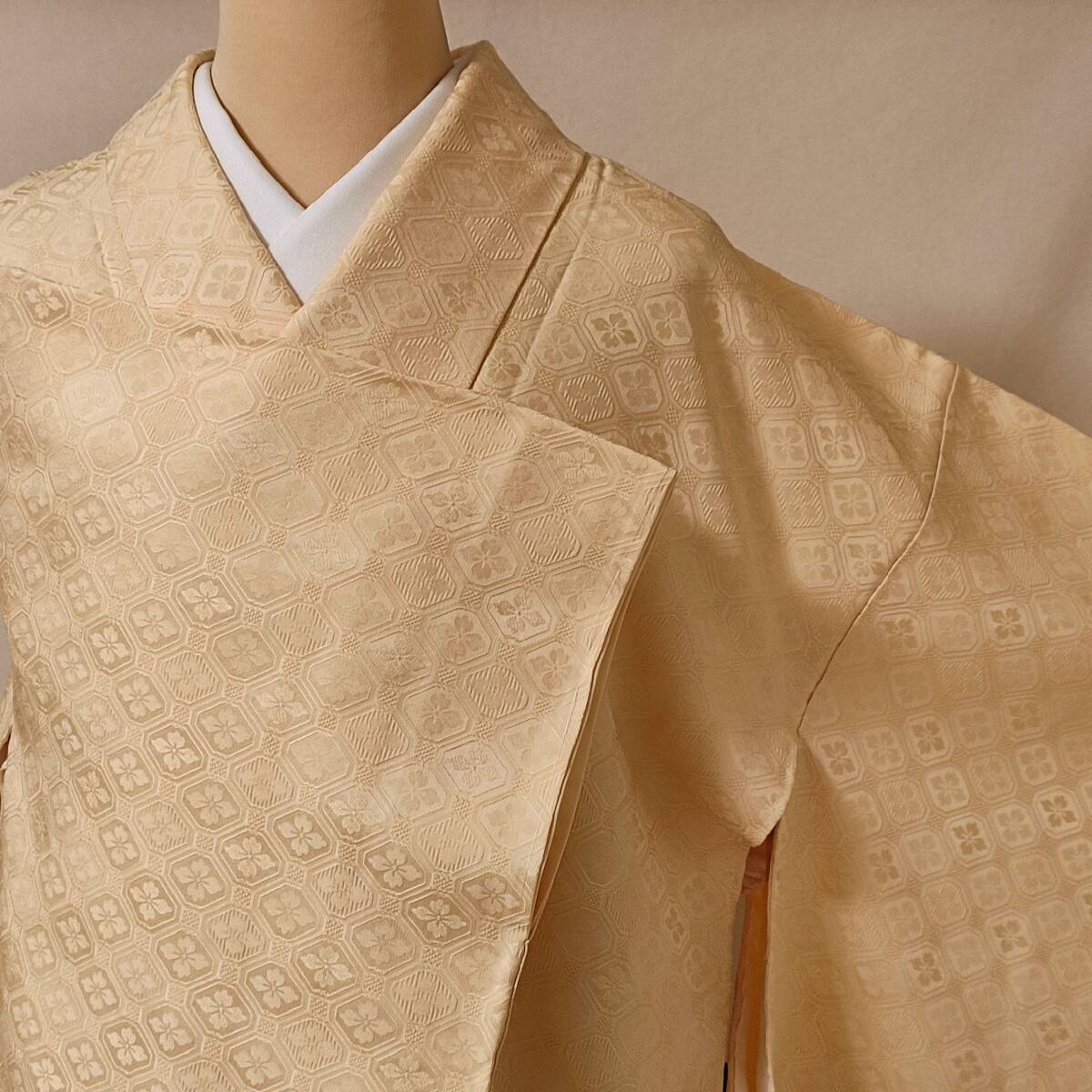 即決■着物の越田■裄64身丈160 正絹 色無地 袷 紋意匠 一つ紋 ベージュ系 しつけ糸有り■め08E01拍卖