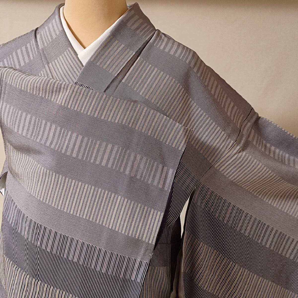 即決■着物の越田■裄68身丈162 正絹 小紋 袷 縞 ストライプ ボーダー 落款有り 裄長 美品 H◇め20E02拍卖