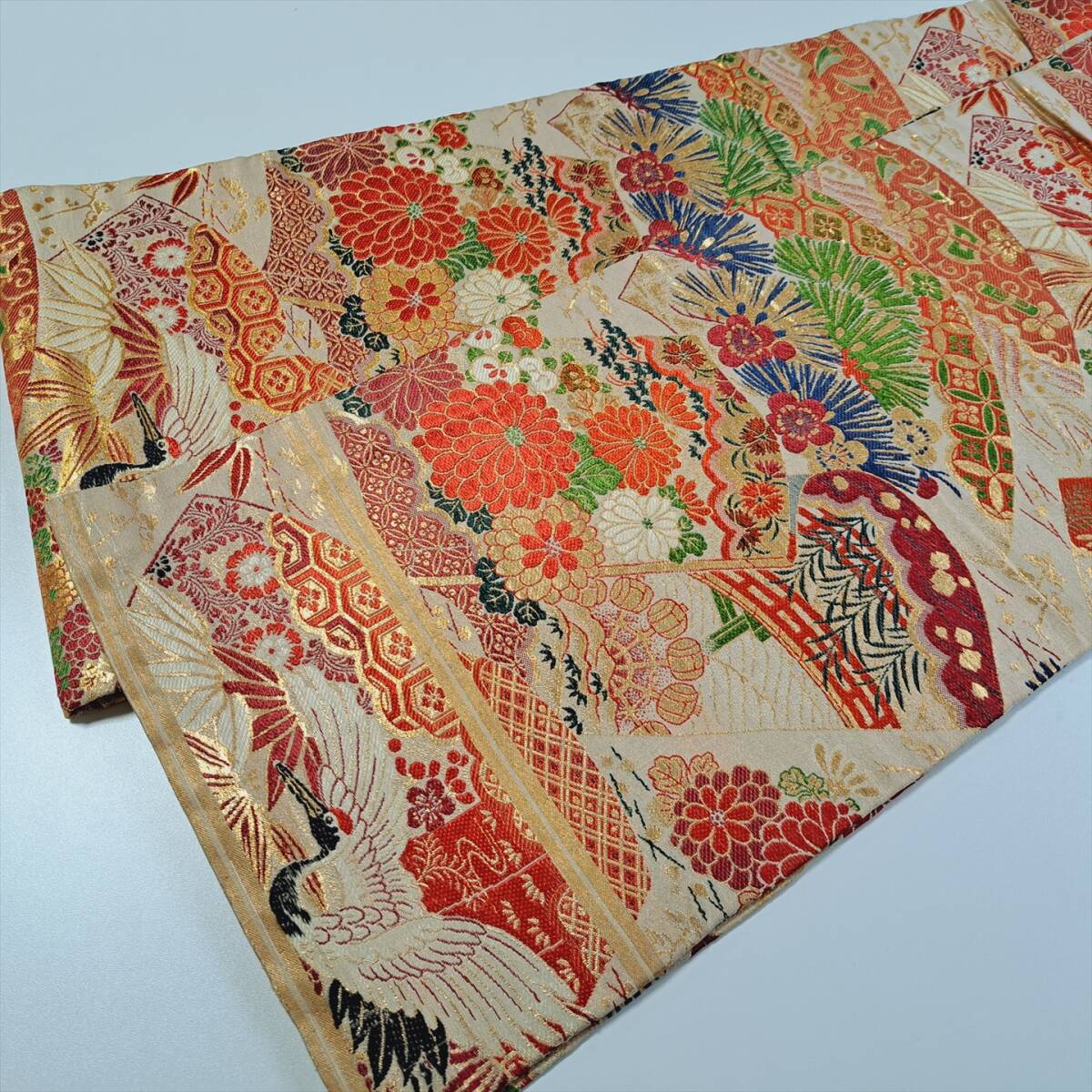 ■着物の越田■幅30 長さ394 アンティーク 鶴 扇 菊 ■め20J06拍卖