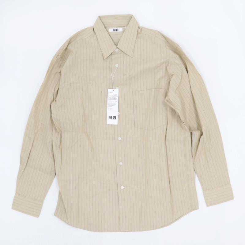 ユニクロU ブロードストライプシャツ Lサイズ ベージュ拍卖