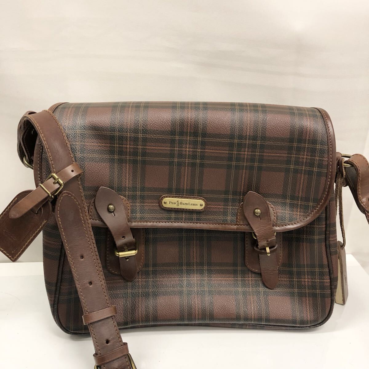 POLO RALPH LAUREN ポロラルフローレン チェック柄 PVC メッセンジャーバッグ ショルダーバッグ レザー ブラウン 鞄 ヴィンテージ 拍卖