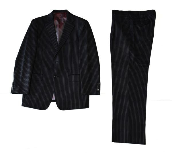 ★ダンヒル★dunhill★英国★素敵な黒茶に薄紫のストライプ ★裏地はお洒落な臙脂に総ロゴ ★着て楽しい高級感ある2釦シングルスーツL拍卖