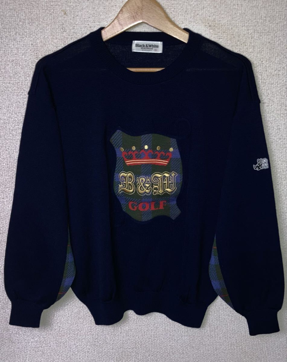 ヴィンテージ BLACK&WHITE ブラックアンドホワイト クラウン 王冠 刺繍 ウール100% ニット セーター レディース Lサイズ 日本製 ネイビー拍卖