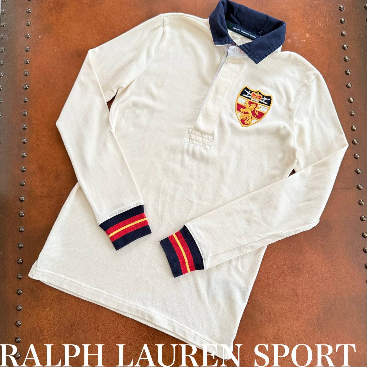 RALPH LAUREN SPORT ラルフローレン エンブレム 刺繍 ラガーシャツ オフホワイト ネイビー レッド 配色 長袖 カットソー S 160/84A拍卖