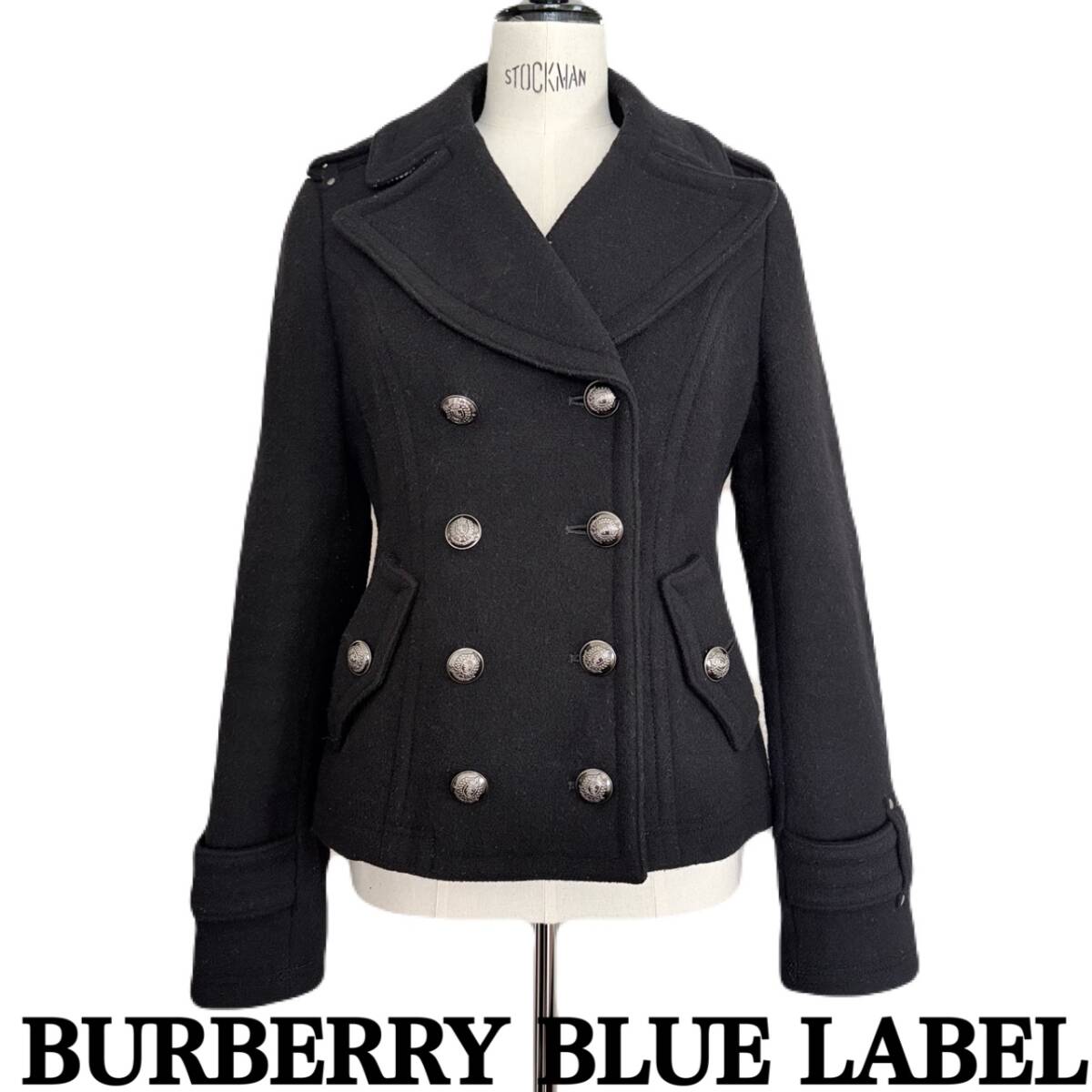 ★ BURBERRY BLUE LABEL バーバリーブルーレーベル ウール Pコート ノバチェック マイクロチェック ブラック ロゴボタン 38 ★拍卖