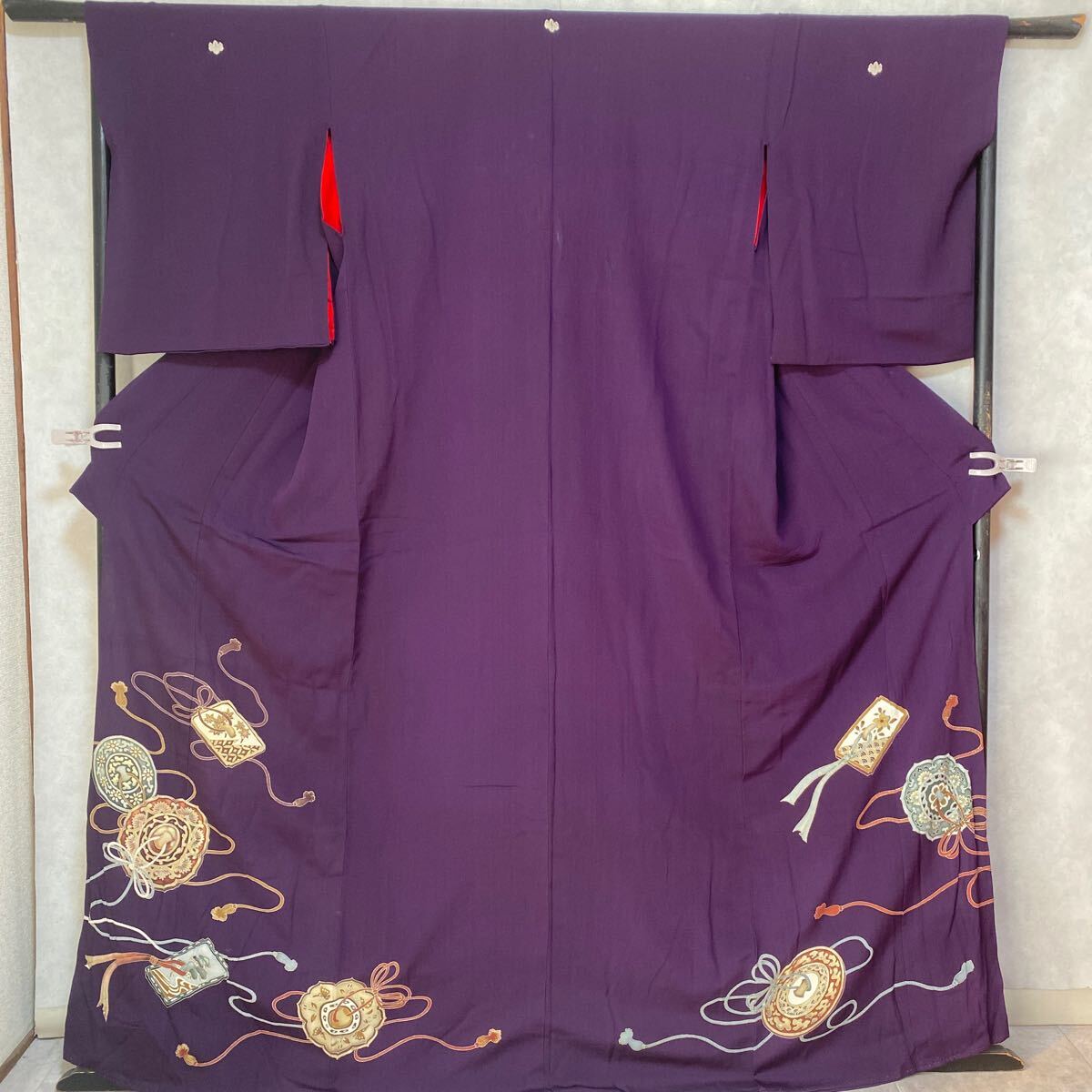 アンティーク 着物 正絹 紫 文鎮 紐 金彩 花 楓 昭和レトロ 大正ロマン モダン 和洋折衷コーデ リメイク 25こ30-5s拍卖