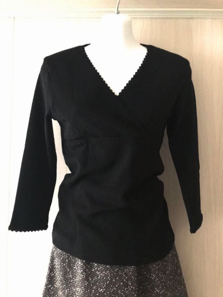 ■Ray BEAMS レイビームス 七分袖 ウール100%カシュクール風ニット 針抜き透かし模様 黒/ブラック サイズS USED 送料450円■拍卖