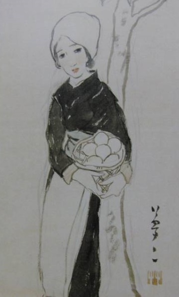 竹久夢二、【柿の下の女】、希少な大判額装用画集より、美品、新品額装付、送料込み拍卖