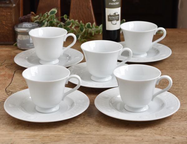 5客セット【白い食器】口の開いたカップと林檎の彫りが可愛い カップ&ソーサー YMG-APWH-CTOS-5S拍卖