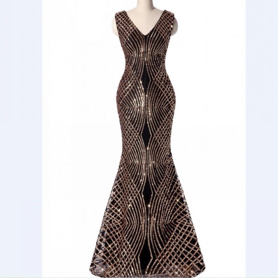 素敵Vネック黒パーティードレス★マーメイドライン★美しい★演奏会★歌発表会★コンテスト★司会衣装などサイズオーダー無料★色変更不可拍卖