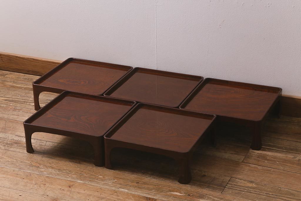 R-042983 アンティーク雑貨 総ケヤキ材 杢目と漆塗りが美しいお膳5客セット(お盆)(R-042983)拍卖