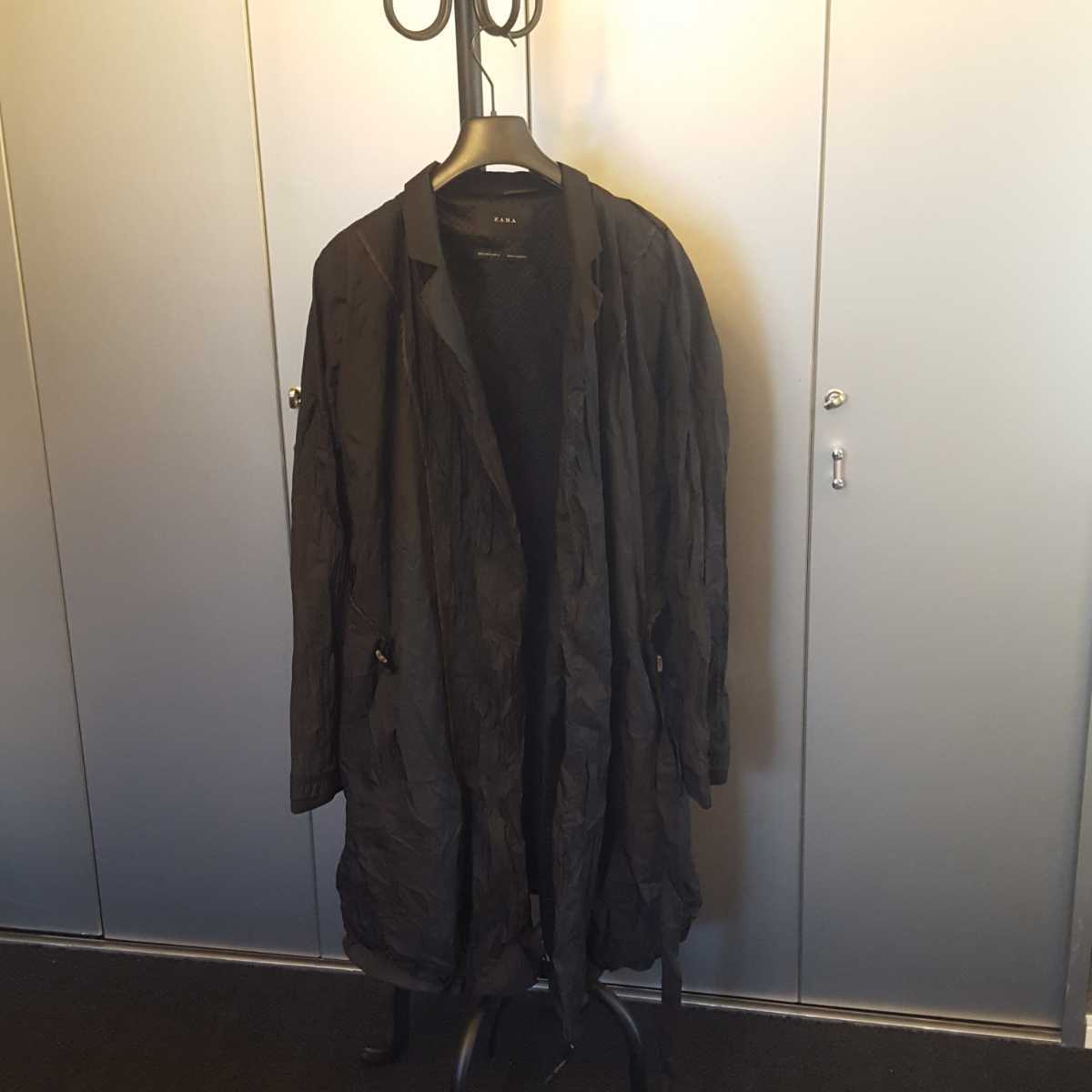 ★【美品】ZARA 黒 ロングジャンパー ロング アウター シワ加工 メッシュ拍卖