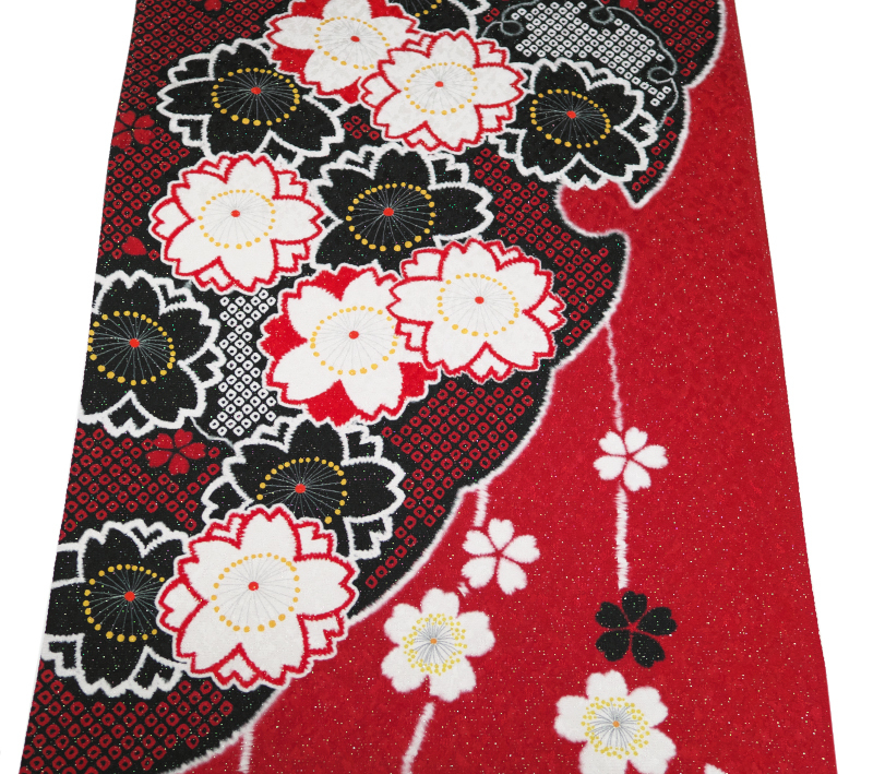 837-1番 新品 正絹 縮緬 振袖用生地端切れ 約237㎝ 銀通しに吹雪の地模様入 赤に近い海老茶色と黒のツートンカラーに桜の花尽くし 拍卖