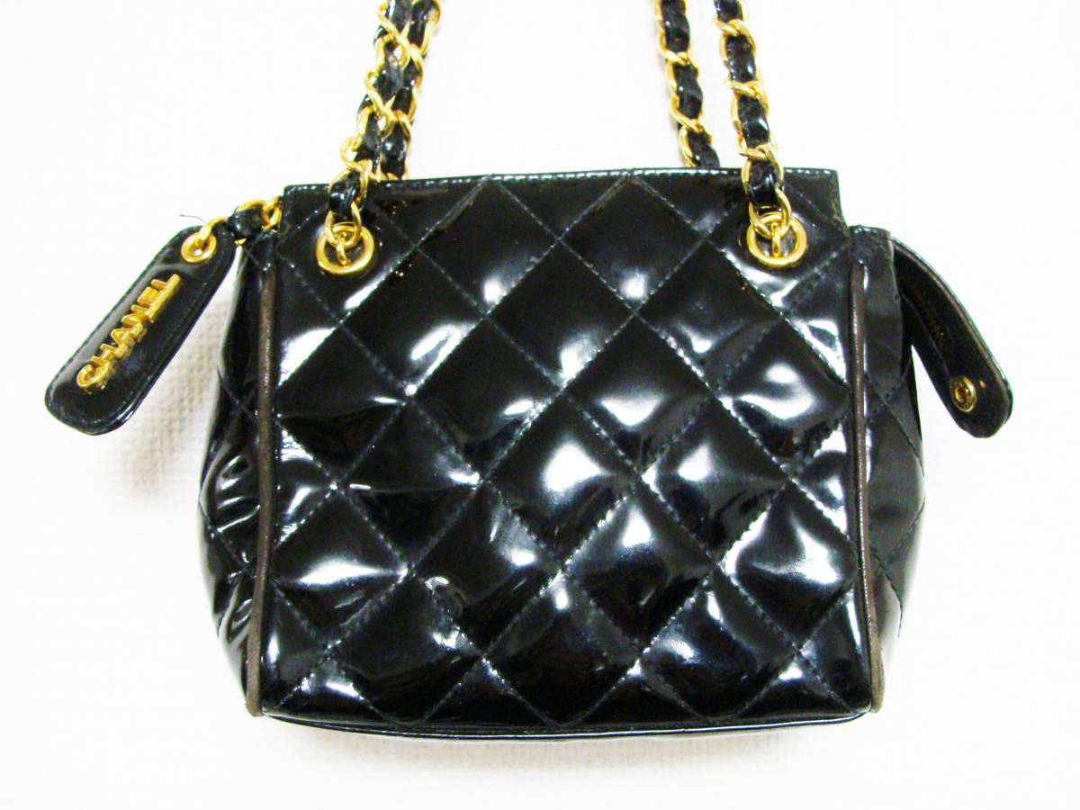 CHANEL シャネル ◇ エナメル パテント レザー マトラッセ W ダブル チェーン ハンド バッグ 鞄 CC ロゴ マーク拍卖