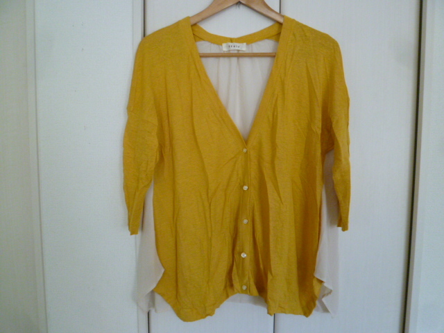 trois★からし色背中シフォンデザインゆったりフレアーカーディガンF★麻混リネンH129拍卖