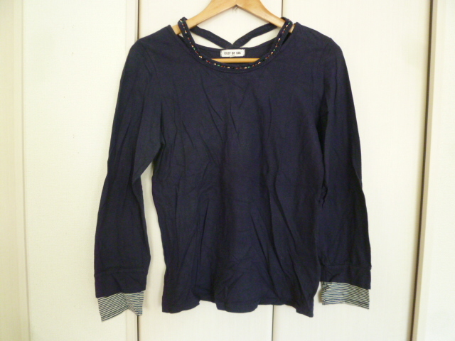 CLEF DE SOL★紺ビーズレースで中クロス重ね着カットソーL/ネイビーロンT長袖★H129拍卖