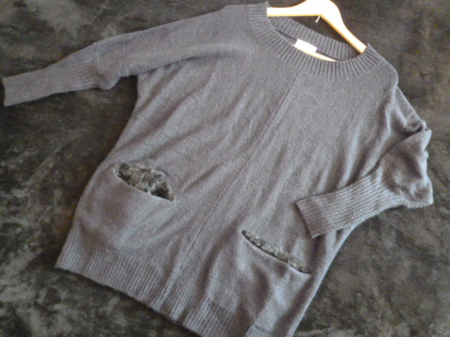 Rouge vif/ルージュヴィフ○黒紺系ドルマンロング丈ニットセーター/ファーポケットアバハウスブラックネイビー○ST1015拍卖