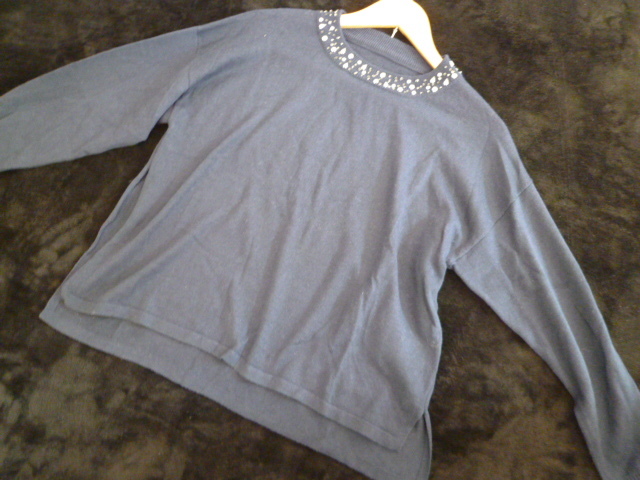 earth music&ecology/アースミュージック&エコロジー○紺ビジュー付きゆったりニットセーターF/ネイビー長袖トップス○ST1015拍卖