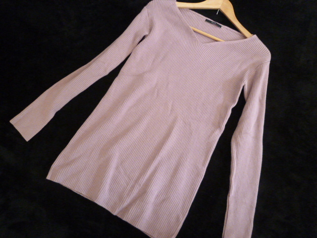 EMODA/エモダ○ピンクパープル系Vネックロング丈リブニットセーターF/袖スリット入り長袖トップス○ST1015拍卖