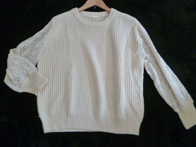 StadioCLIP/スタジオクリップ○オフホワイト袖レースデザインざっくり編みニットセーターM/長袖○ST1015拍卖