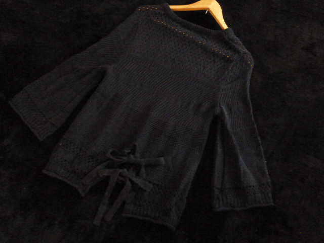 TORRAZO DONNA/トラッゾドンナ○紺後ろリボンベル袖かぎ編みニットセーター/ネイビー長袖トップス○ST1015拍卖