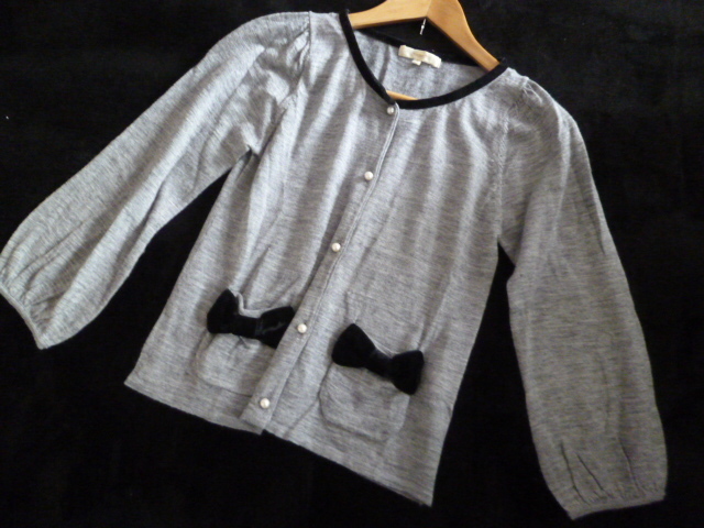 HUSHUSH/ハッシュアッシュ○グレー黒パイピングパールボタンリボンポケット姫系カーディガン3/40/姫系ワールド○①ST1016拍卖
