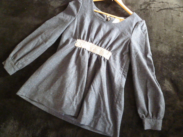 Bouvarsia/ブバルディア○紺系マルチカラーバックリボンスパンコールウエスト絞りチュニックトップスF/長袖カットソーネイビー系○⑥ST1022拍卖